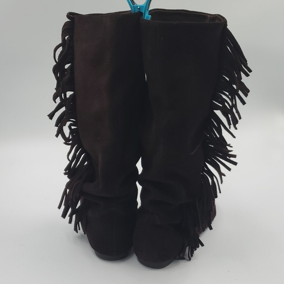 Pesaro Boho Brown Suede Fringe Over Calf Boots - Picture 5 of 8